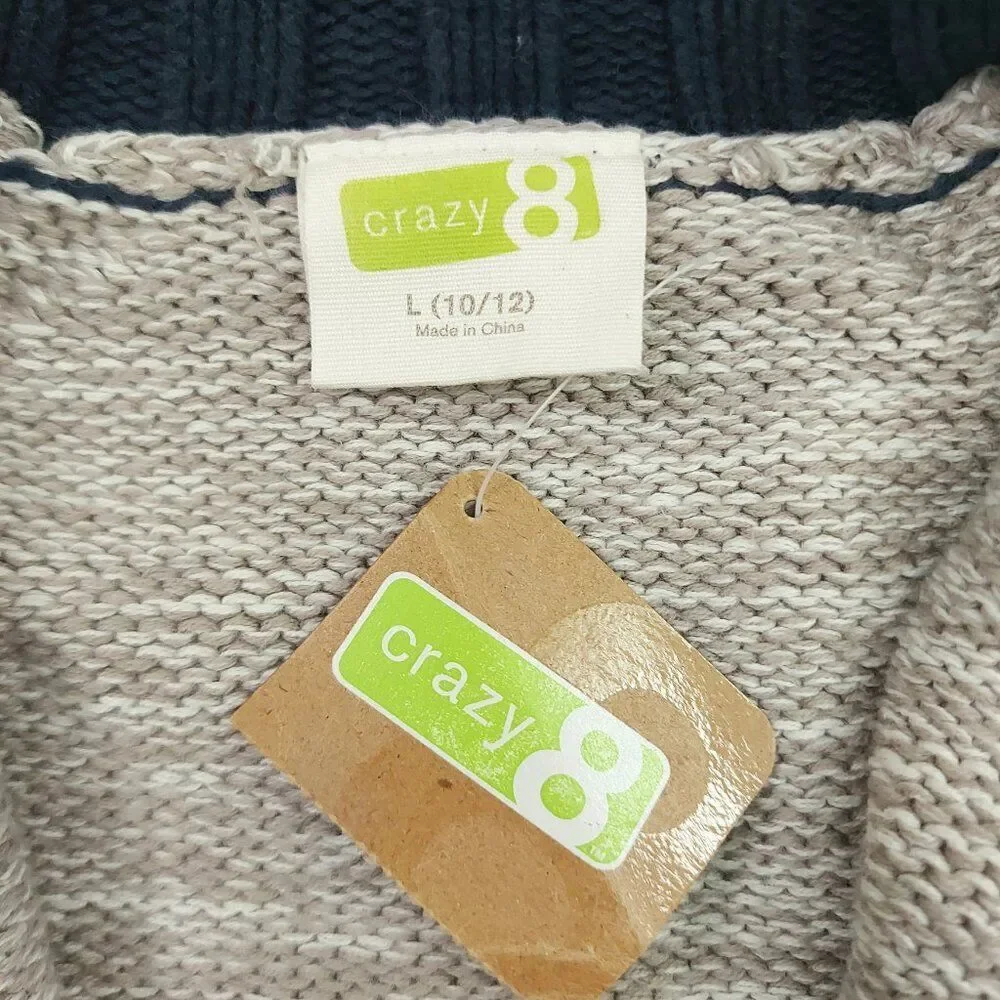 Crazy 8 Sweater Boys Large 10/12 Gray Navy Full Zip Ribbed High Neck 100% Cotton